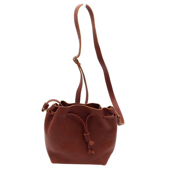 portland leather goods Handbags - Portland Leather Goods Cognac Brown Pebbled Leather Drawstring Bucket Bag Small